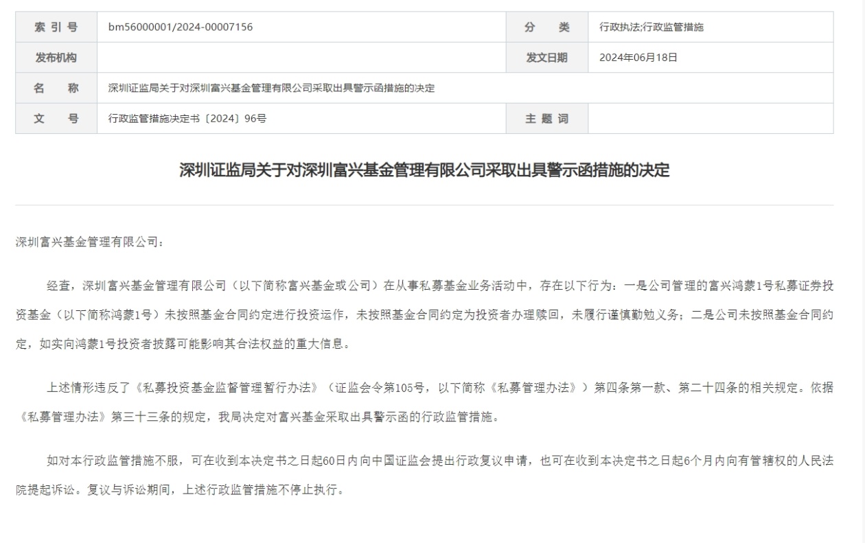深圳富兴基金被出具警示函 涉及未按合同约定进行投资运作等